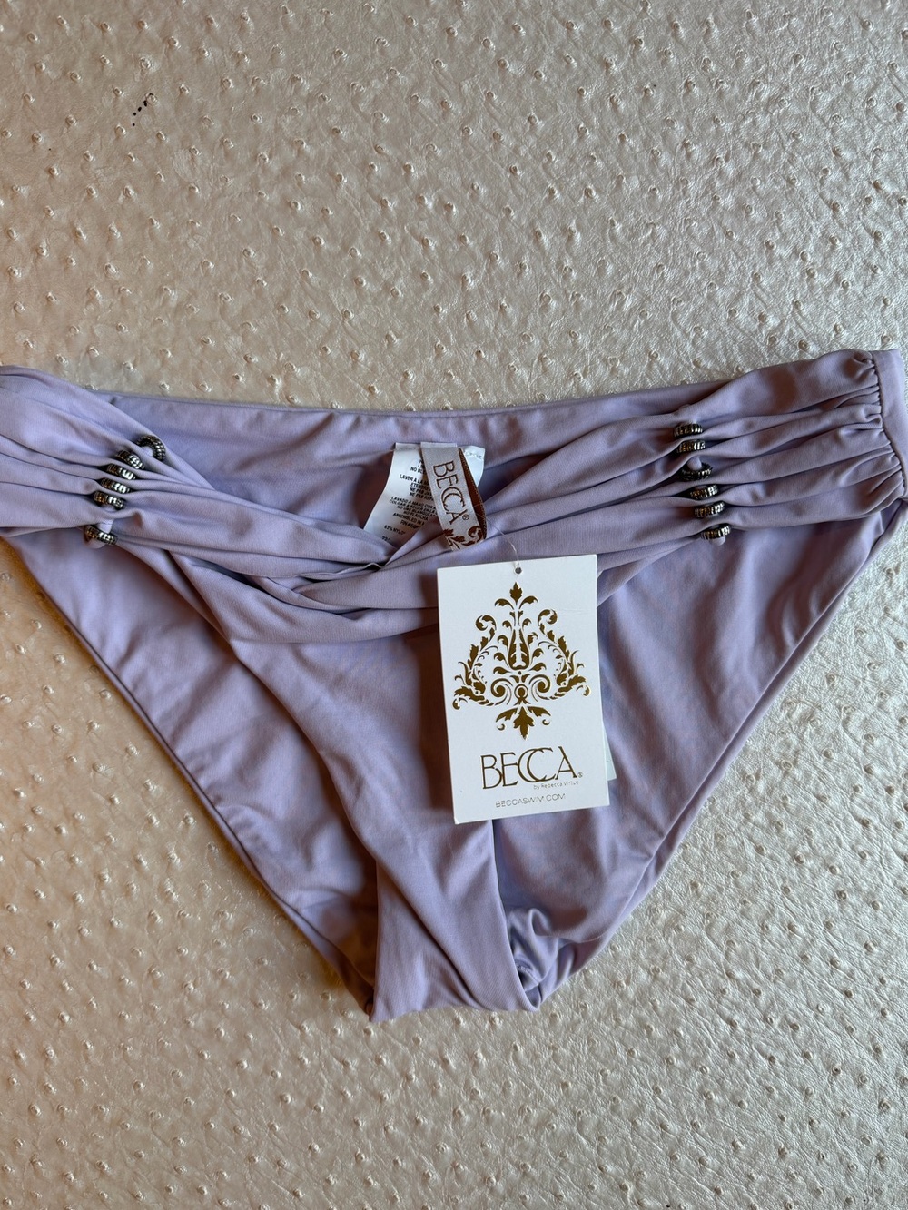 NWT BECCA Lavender Ladies Ruched Waist Swim Bottoms with Stud Accents Sz XS